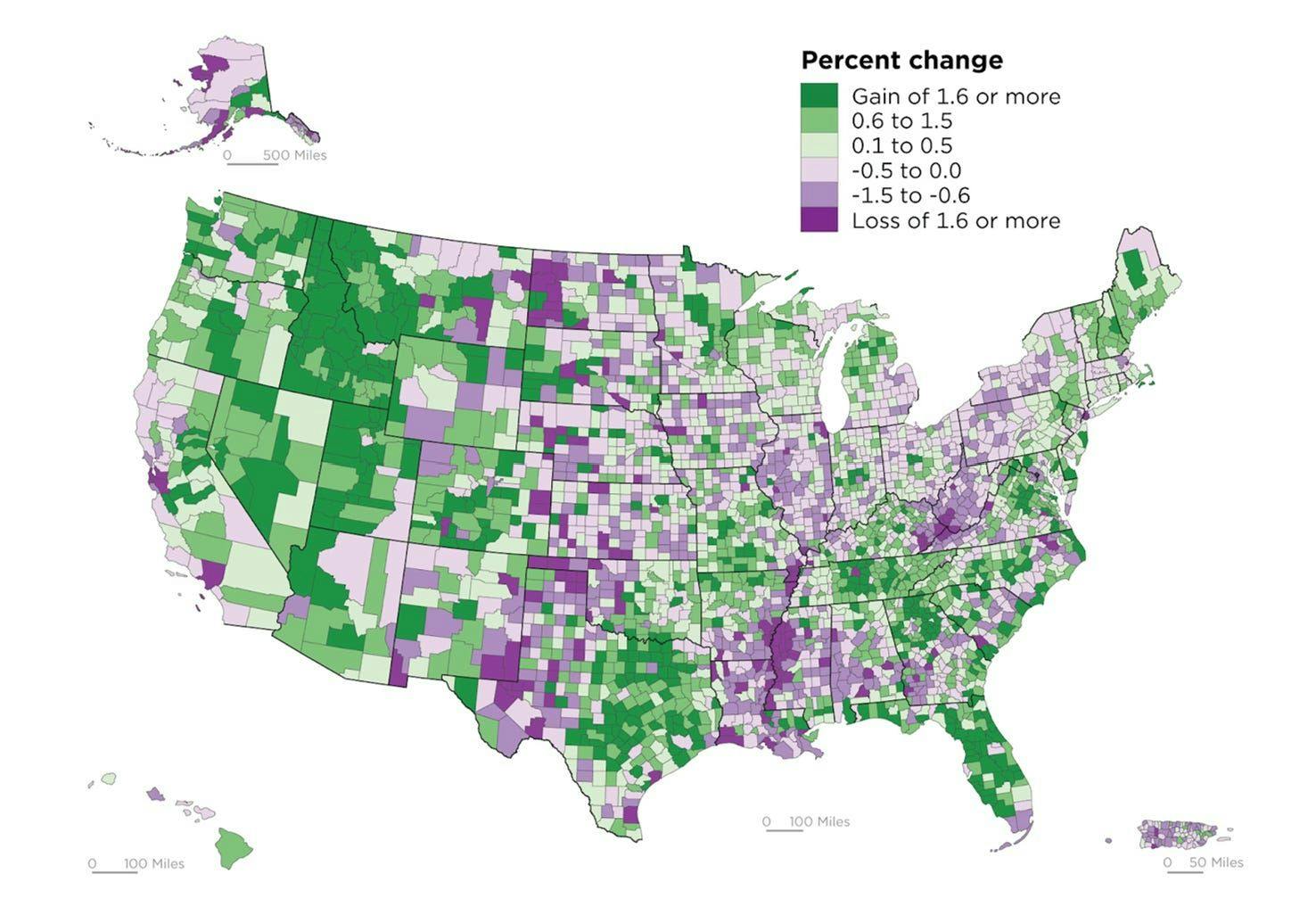 A map of how county populations are changing in the US